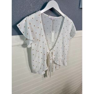 Olivaceous White Polka Dot Sheer Short Sleeve Tied Blouse Size Small NWT